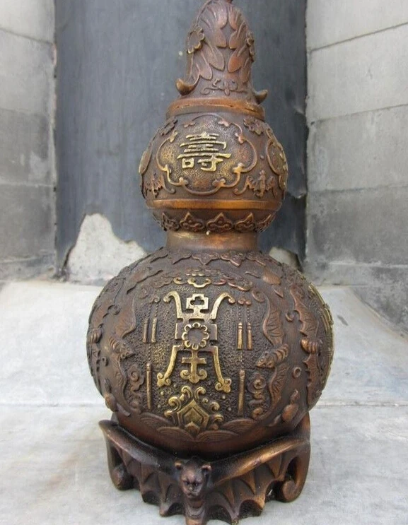 814+++++China Royal Red Copper Bronze Feng Shui Lucky Fu Longevity Gourd cucurbit Statue | Дом и сад