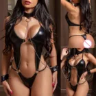 Боди женское 2021, эритрочерный пикантное нижнее белье из лакированной кожи, костюм кошки, латексная Соблазнительная одежда для сна, наручники, сексуальная ночная сорочка