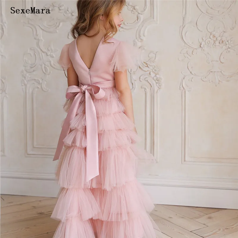 New Pink A-Line Flower Girl Dress for Wedding Cap Sleeve Satin Ribbon Princess Wedding Party Gown Girls Clothes