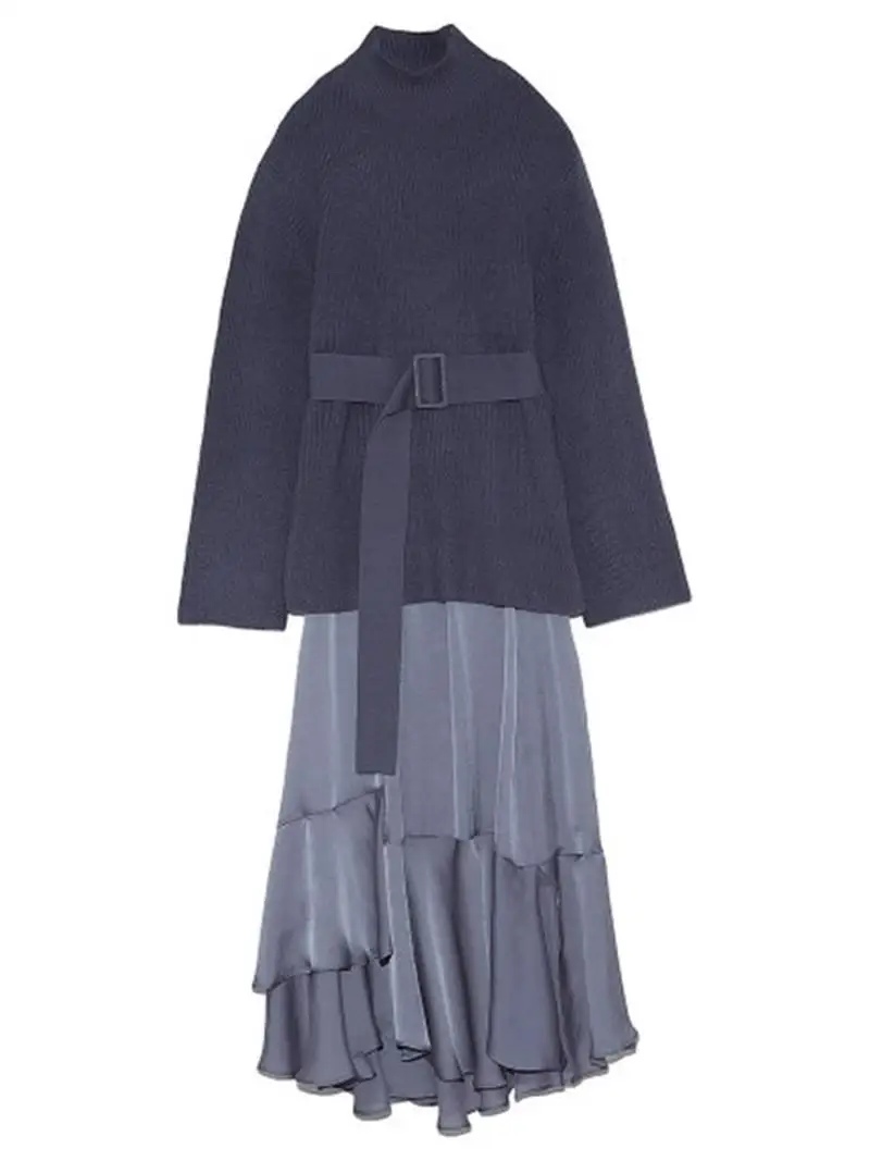 Женский однотонный костюм из 2 предметов свитер с высоким воротником на завязках