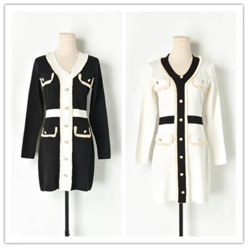 Женское трикотажное платье-свитер Элегантное черно-белое винтажное платье с