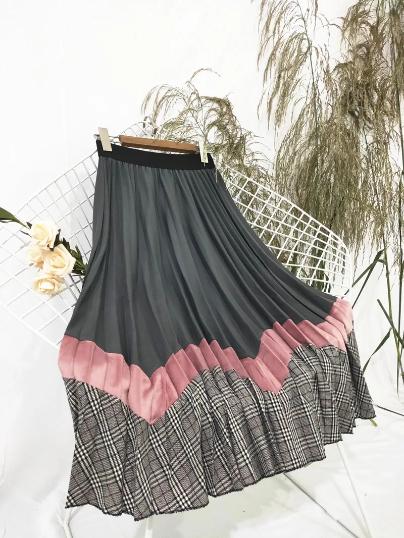 Осенняя Женская длинная Плиссированная юбка клетчатые юбки разных цветов для