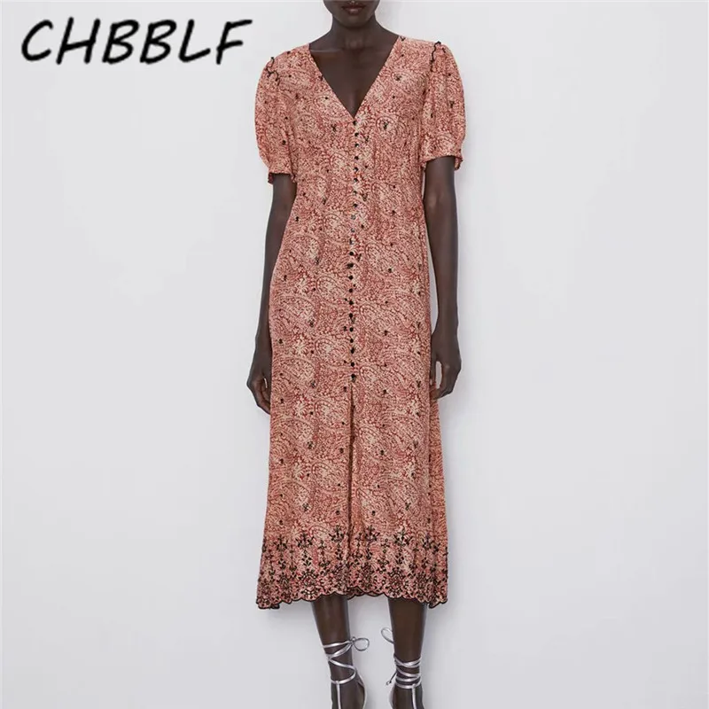CHBBLF женское винтажное платье с принтом v образный вырез оборки короткий рукав женские повседневные платья