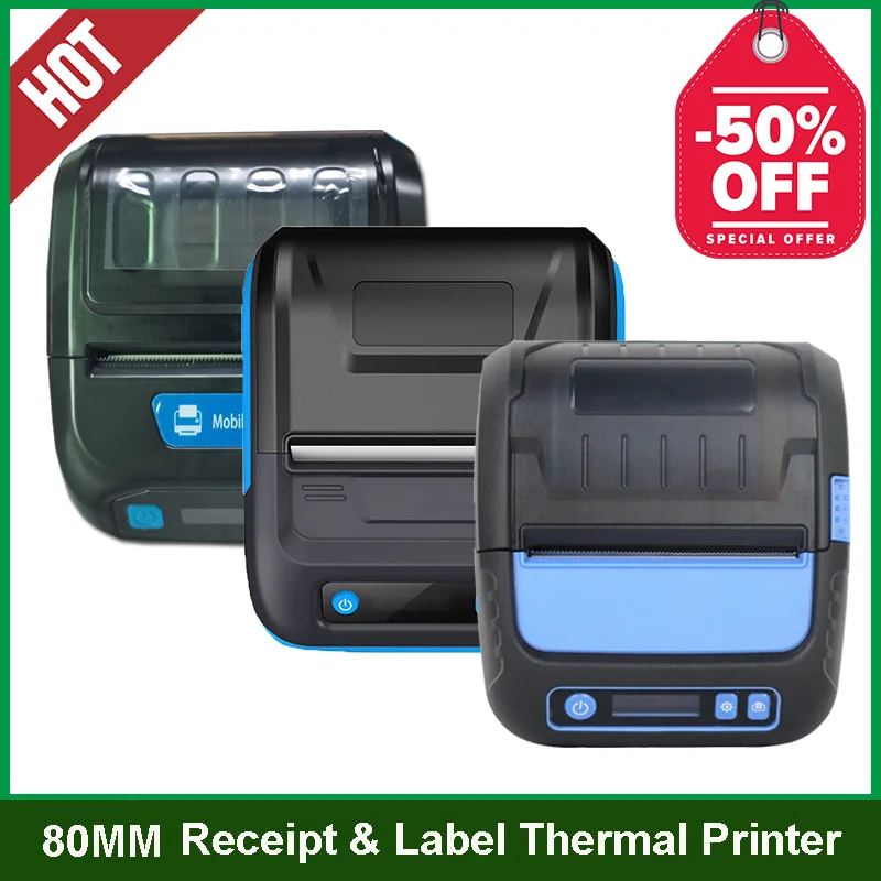 Thermal Printer 80mm Receipt and Label 2 in 1 Bluetooth Printer Adjustable printing size 3 inch Portable Mobile Printers