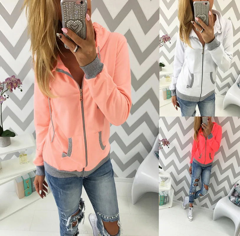 

Autumn Solid Color Zipper Long-sleeved Hooded Women's Clothing Jacket White Women Tops