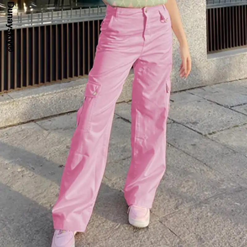 

2021 Baggy Cargo Pants Women High Waist Trousers Casual Pockets Korean Pink Cute Wide Leg Joggers Streetwear Loose