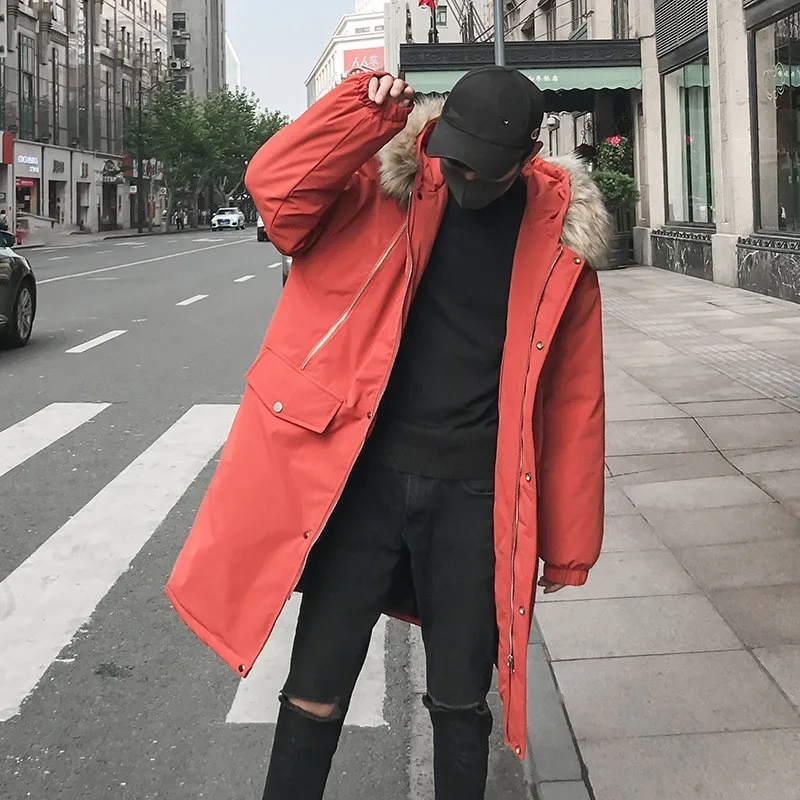 Зимняя мужская Толстая стеганая длинная куртка с меховым воротником толстовка