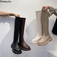 slim thigh high boots platform women thick sole knee high boots women shoes black winter leather long motorcycle boots women