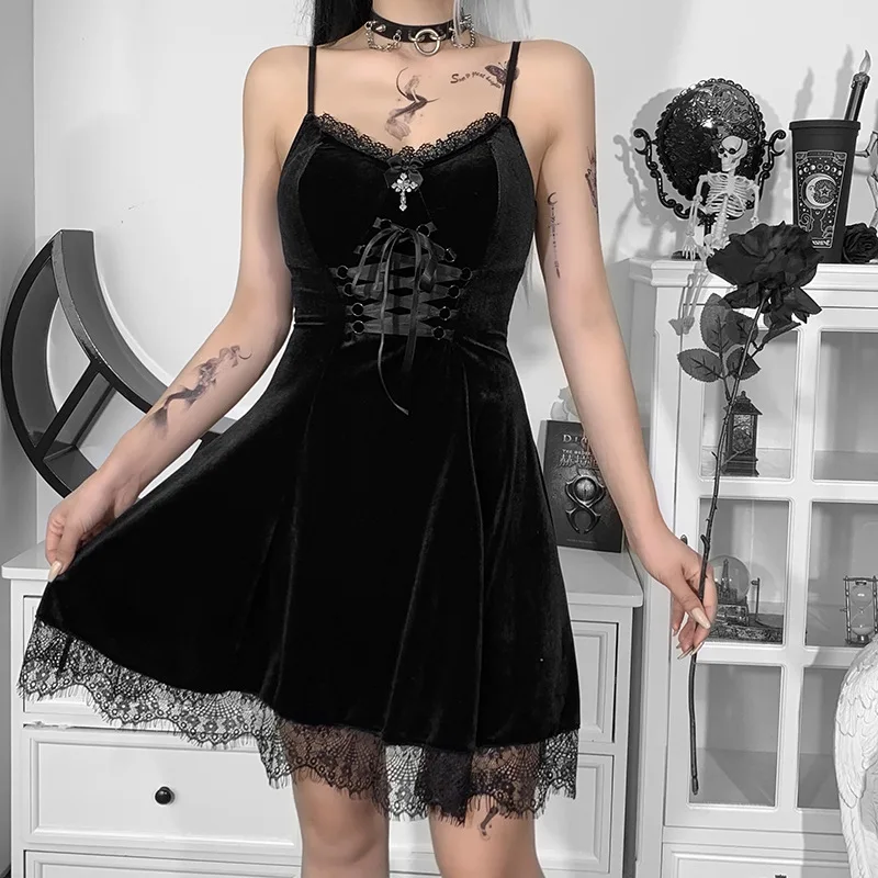 

Mandylandy Women's Dark Gothic Bandage Mini Dress Ladies Retro Fashion Lace Patchwork High Waist Corset Cosplay Evening Dress