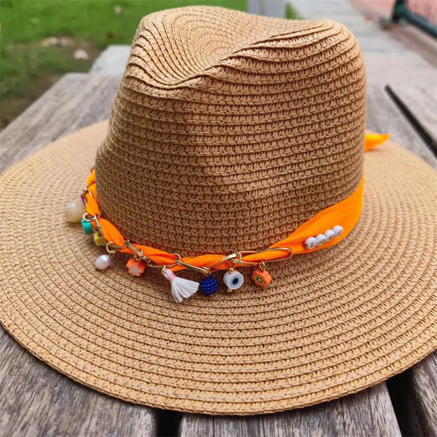 

Boho sun hat Letter Chain hat summer sun block hat sunscreen style vacation outdoor sun hat straw beach wide brim hat