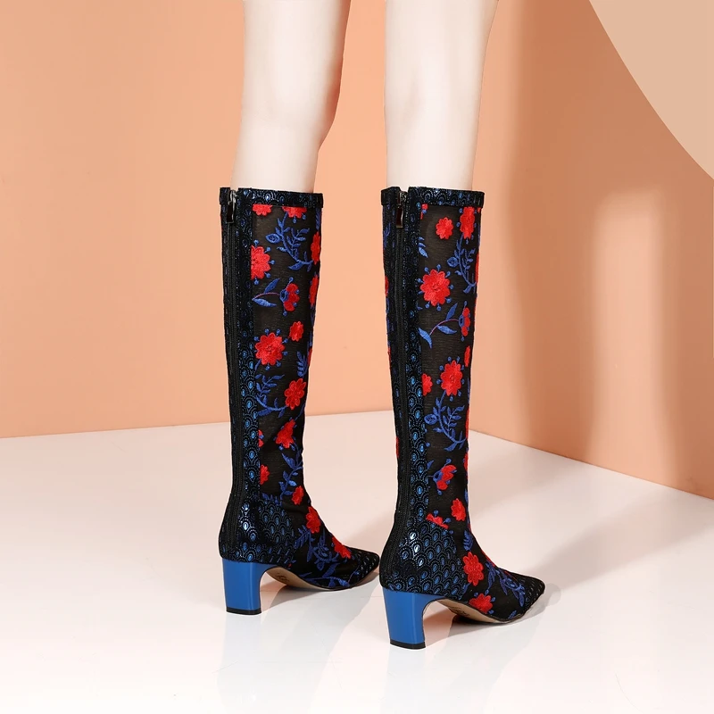 

autuspin Newest Handmade Shoes Woman Fashion Ethnic Rose Embroidered Mesh Breathable Boots Women Knee High Boot Thick Heels