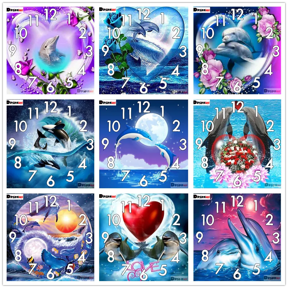 Dpsprue Full Diamond Painting Cross Stitch Animal Dolphin With Clock Mechanism Mosaic 5D Diy Square Round 3d Embroidery Gift