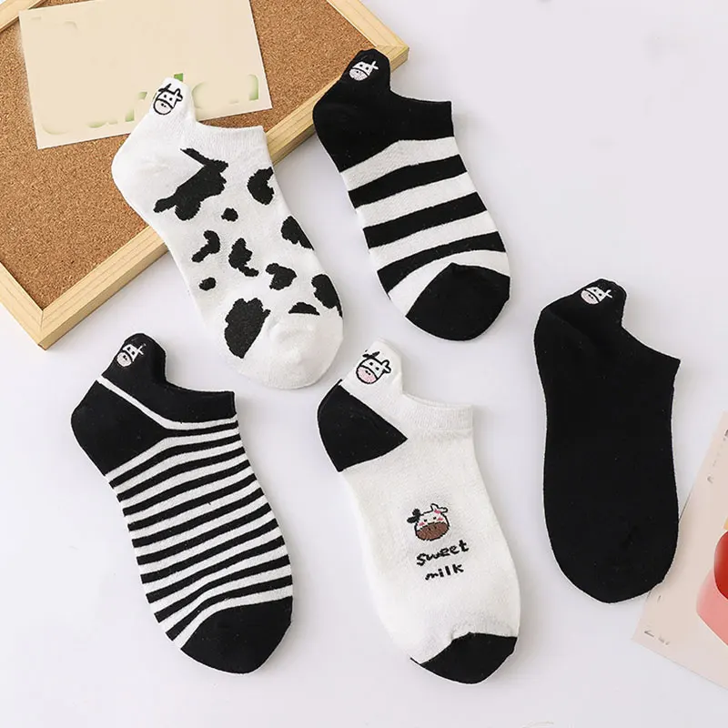

Black White Boat Socks Embroidered Cow Striped Cartoon Short Socks Women Japanese short-tube Cotton Socks Summer Calcetines