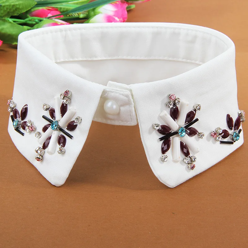 

Fashion Ladies Women Cotton Fake Collar Rhinestone False Collar Lapel Female Detachable Collar Button Neckwear Decoration