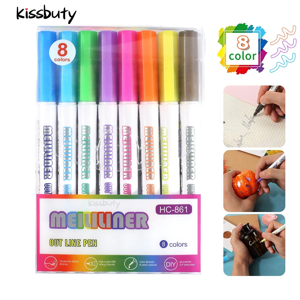 

8Pcs Art Pens Colored Double Lines Contour Markers Pen Out Line Pen Highlighter Scrapbooking Bullet diary Graffiti Poster card