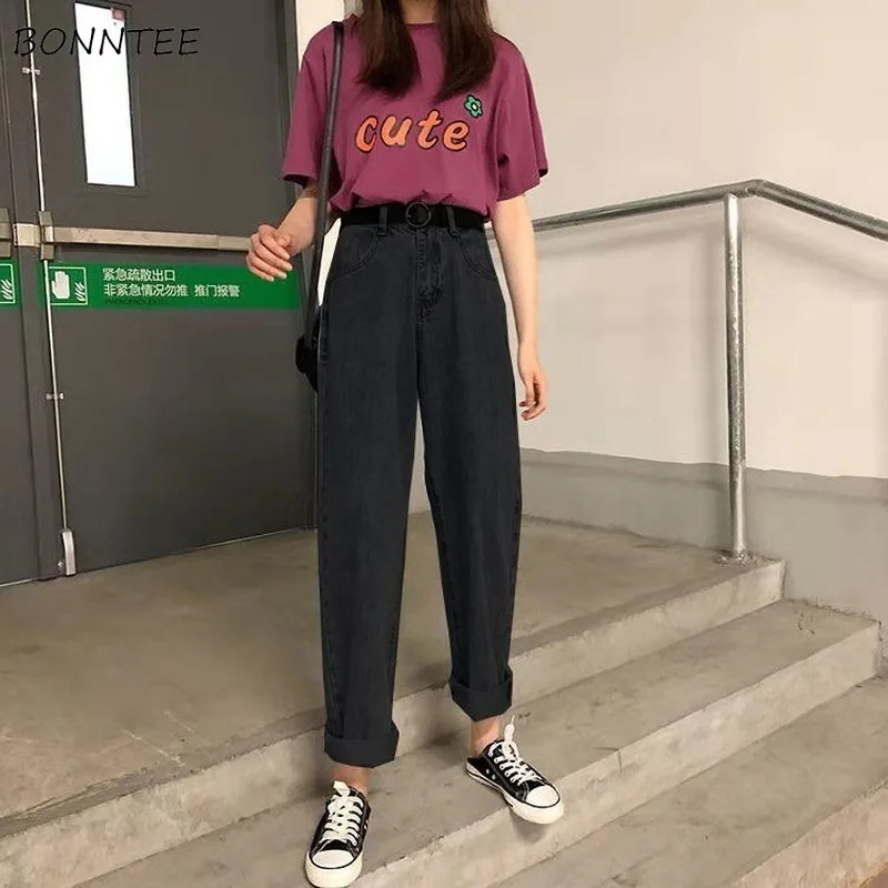 

Jeans Women Solid Basic Daily Streetwear Trousers Ulzzang BF Black Blue Popular Casual Loose Female Temperament Student Trendy
