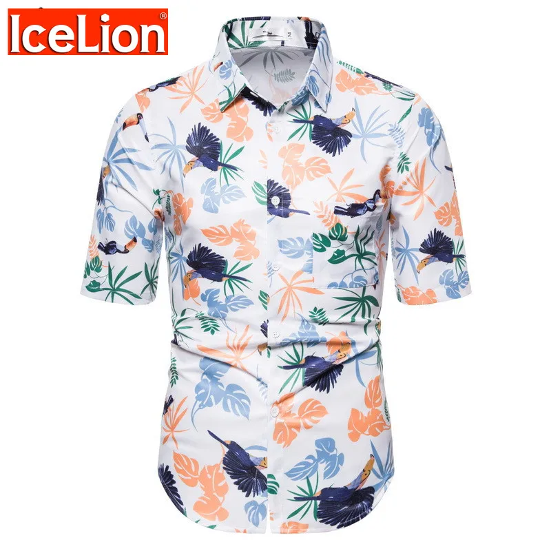 

IceLion Printing Summer Shirt Men Short Sleeves 2021 New Fashion Slim Fit Dress Shirts Beach Casual Men's Camisa Masculina