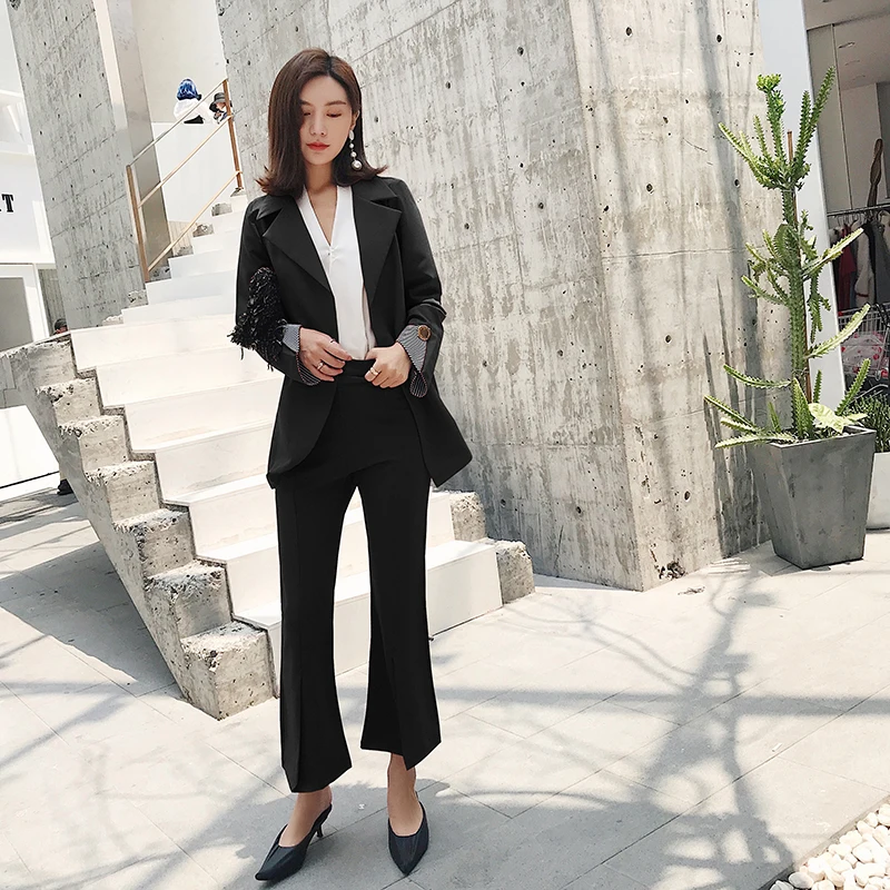 

2020 Spring Autumn New Fashion Flare Pant Suits 2 Piece Set For Women Cardigan Blazer Jacket & Trouser Office Suit Sashes WS229