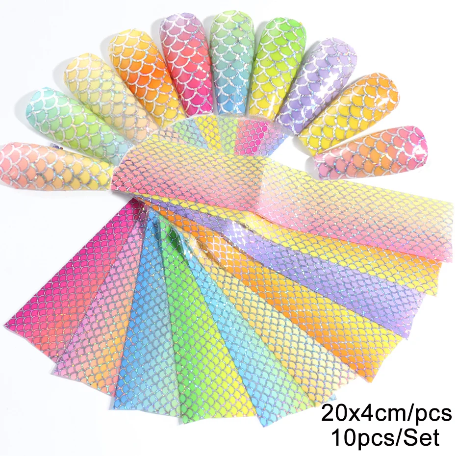 

10pcs Laser Fish Scales Nail Foil Holographic Gradient Mermaid Transfer Sticker Wave Decal Starry Paper Nail Decoration SA9114
