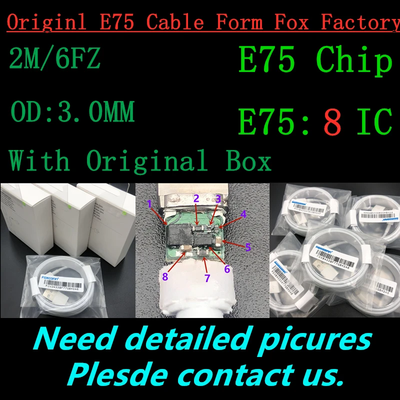 10 шт. 2 м/6 футов Foxcon 8ic E75 чип синхронизации данных USB зарядное устройство кабель для iphone X 5 6 6s 7 8 plus Кабель с розничной упаковкой