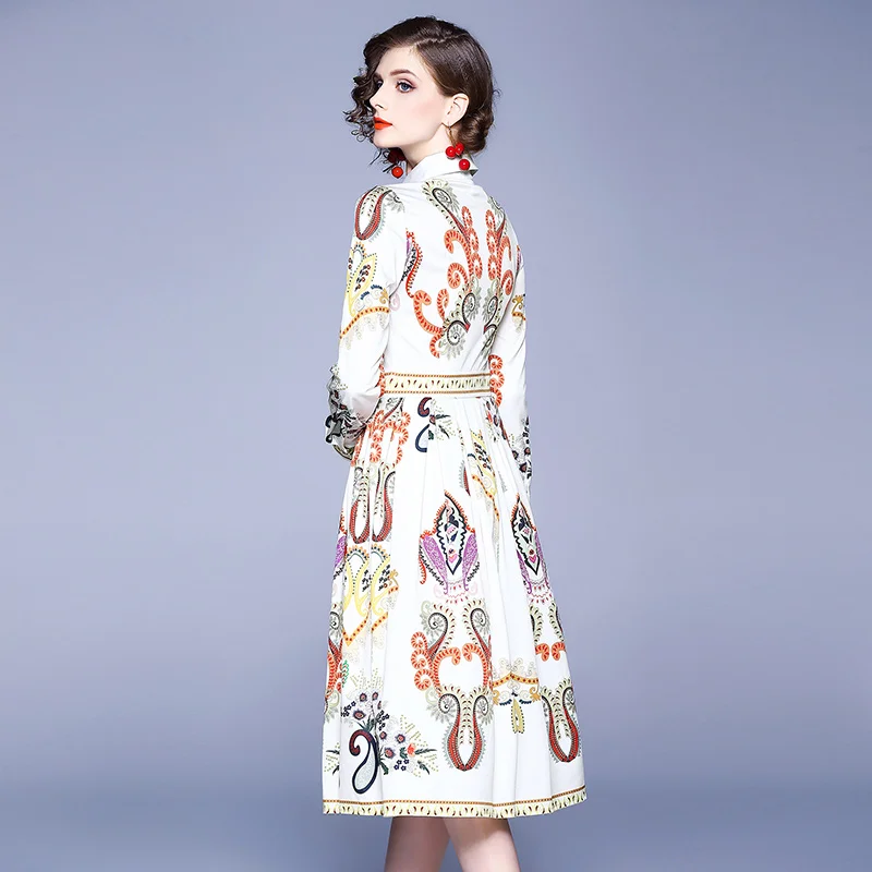 В винтажном стиле С принтом женские осеннее платье с длинными рукавами