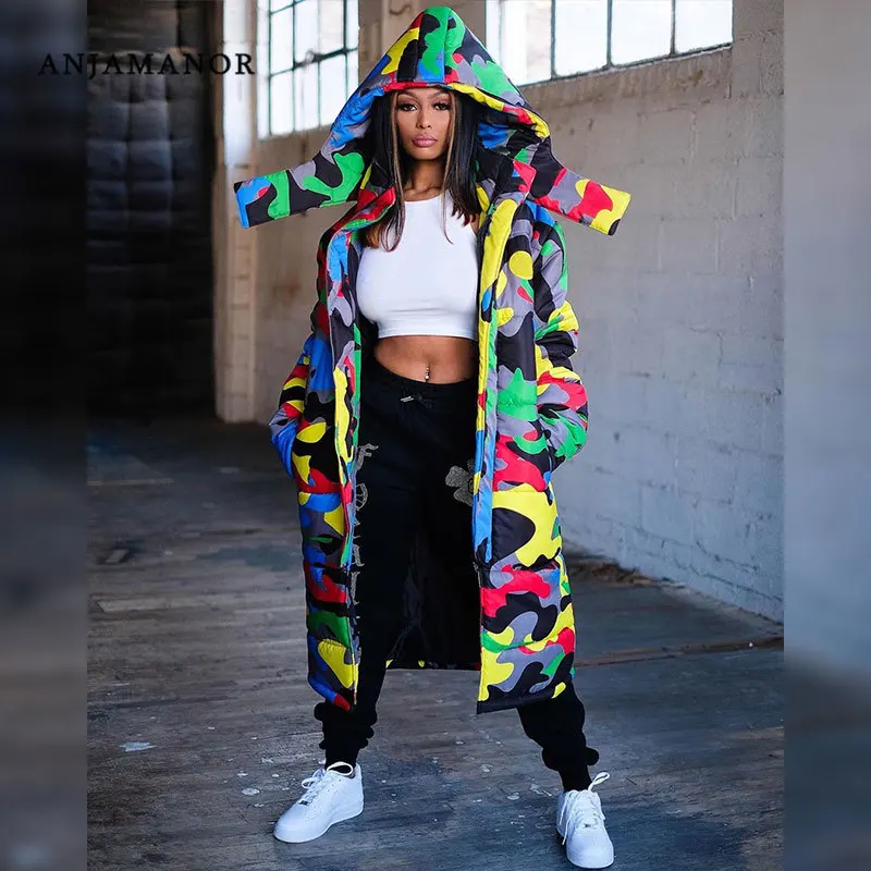 

Женская длинная парка с камуфляжным принтом, пуховик с капюшоном, верхняя одежда, D30-IH72, зима 2020