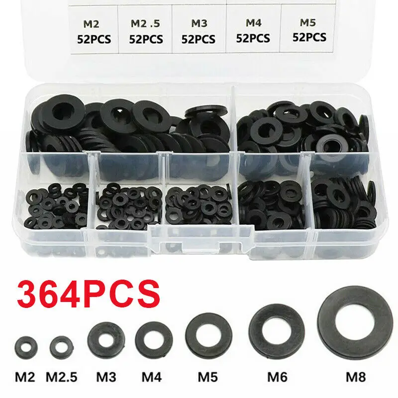 

364pcs Black Flat Washer Screw Bolt Insulation Gasket Ring Assortment For M2-M8