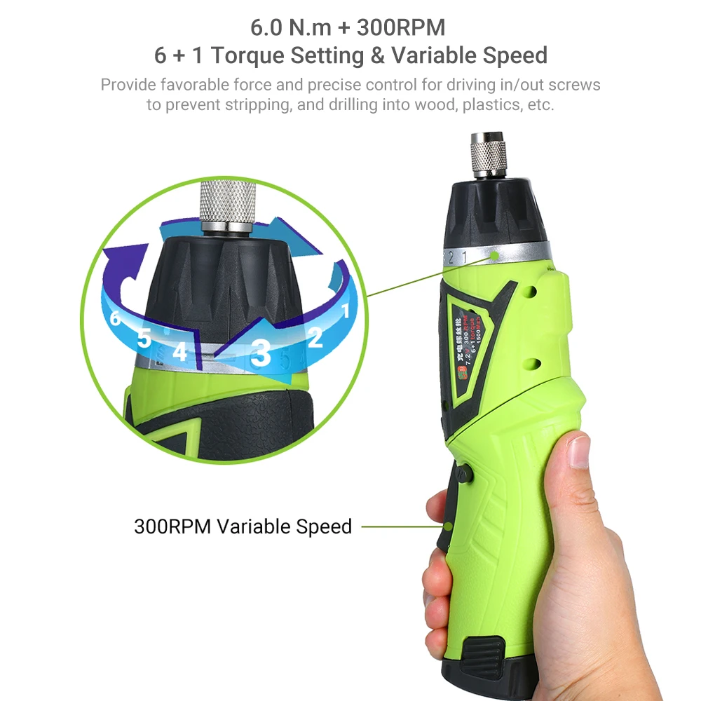 

6.0N.m Cordless Electric Screwdriver Rechargeable Magnetic Screwdriver Bits 7 Torque Setting 2 Position Handle Power Tools