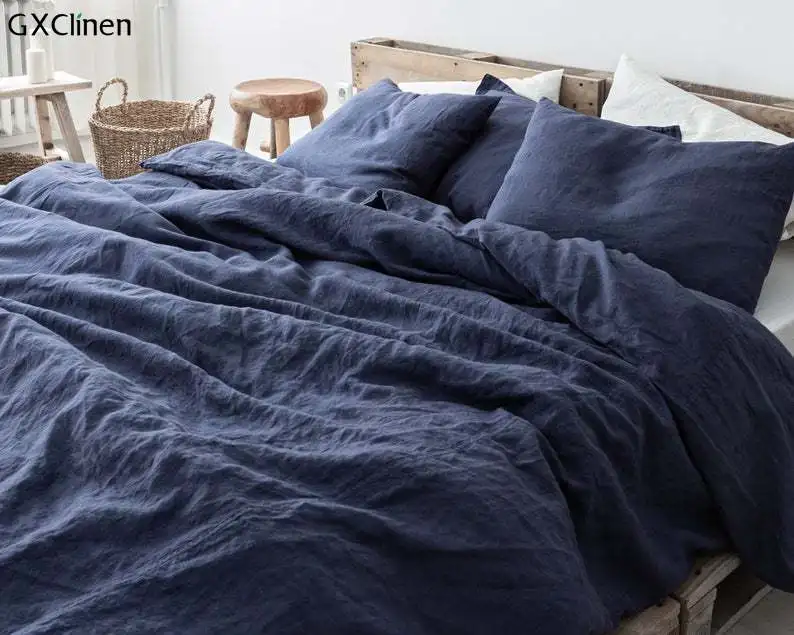 Ручная работа синего цвета льняное покрывало простынь и наволочки для подушек