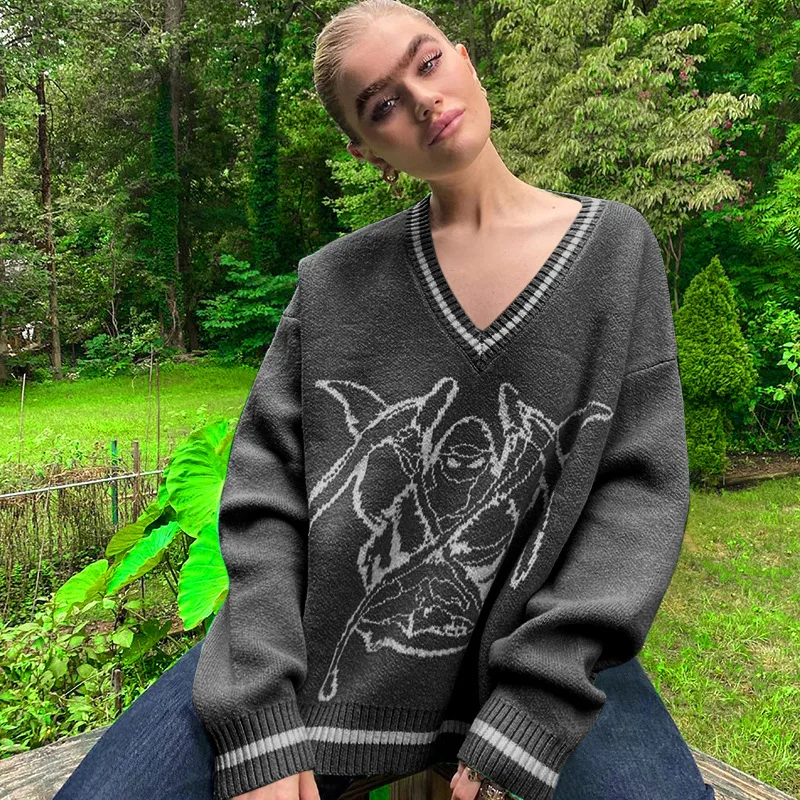 

Europe and America 2020 autumn and winter new long-sleeved sweater sexy V-neck loose all-match printed woolen sweater