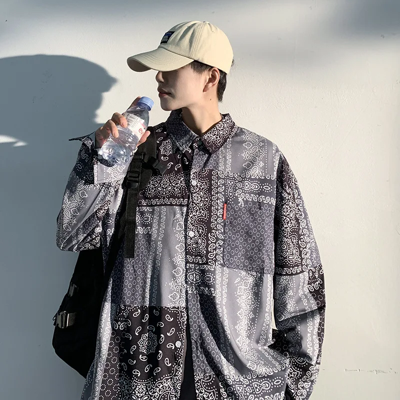 

Vintage Cashew Printing Patchwork Hip Hop Long Sleeve Shirt Casual Men's Clothing 2021 Autumn New Fashion Shirt Tee Male Coat