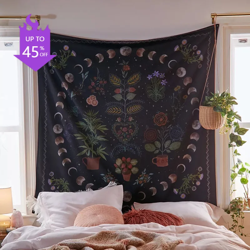 

Moon Phase Tapestry Wall Hanging Botanical Celestial Floral Wall Tapestry Hippie Flower Wall Carpets Dorm Decor Starry SkyCarpet