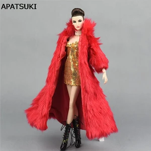 Комплект аксессуаров для кукол, зимнее очень длинное меховое пальто, модная одежда для кукольного домика Барби, парка, платье для кукол 16 BJD