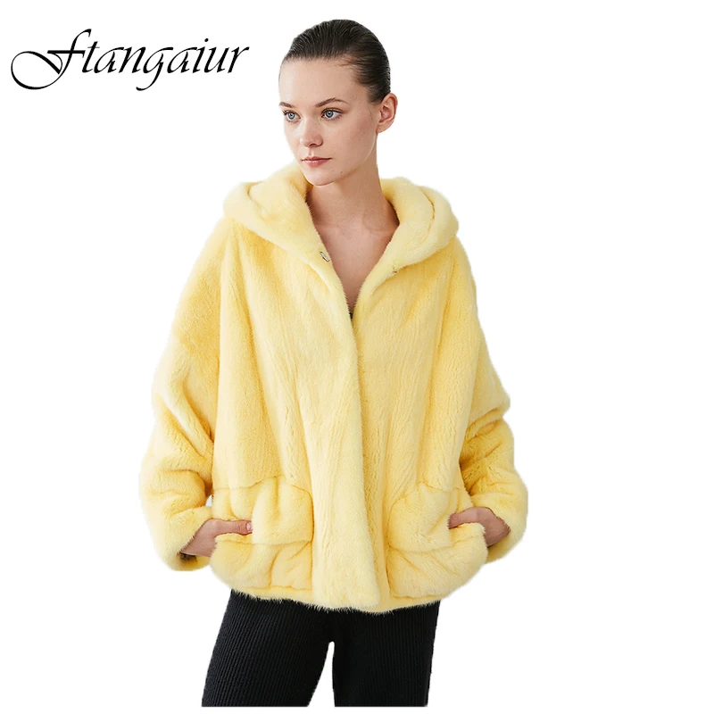 

Ftangaiur New Winter Import Velvet Mink Coat Light Color With Fur Hood Loss Mink Coat Women Short Real Natural Mink Fur Coats