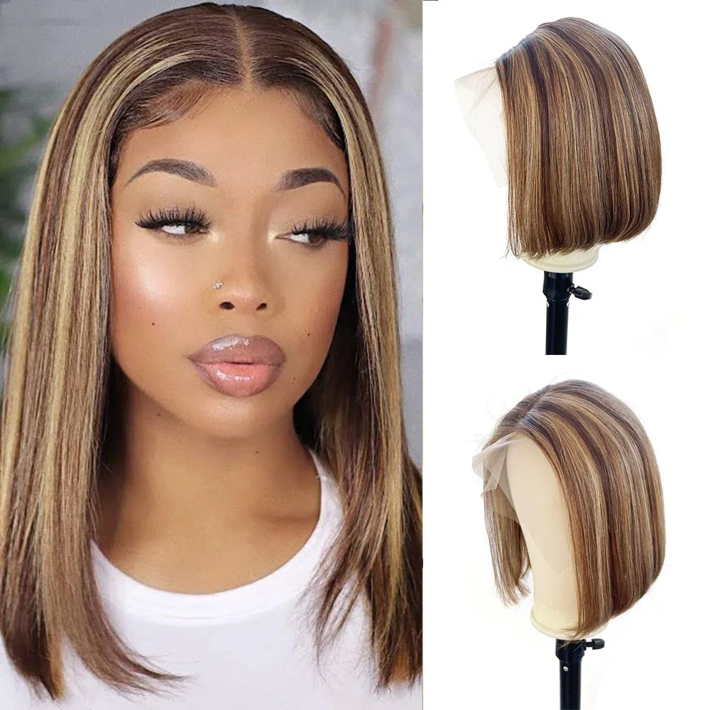 Brown Highlights T Part Lace Front Bob Wigs Ombre Straight 13x4x1 Middle Part Glueless Blunt Cut Short Bob Wig With Baby Hair