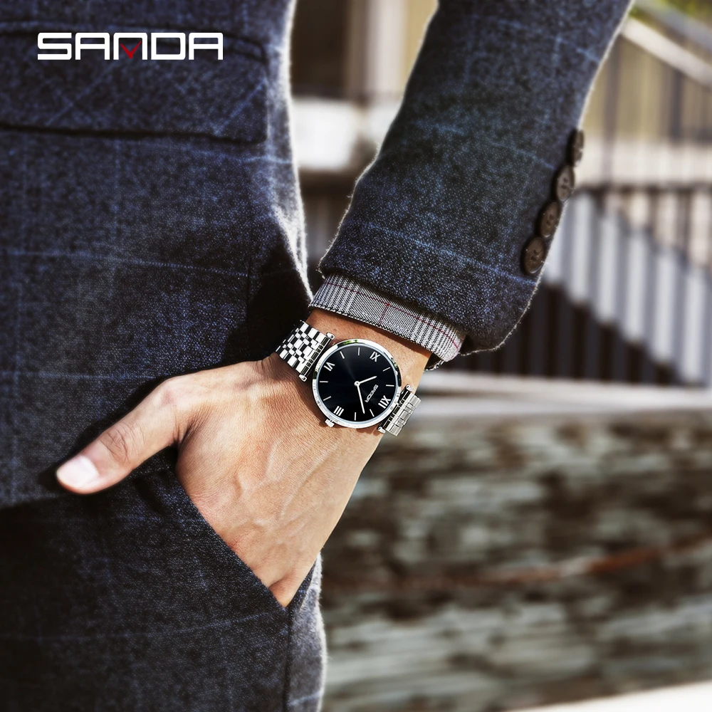 SANDA модные мужские часы Топ бренд Роскошные Кварцевые повседневные тонкие