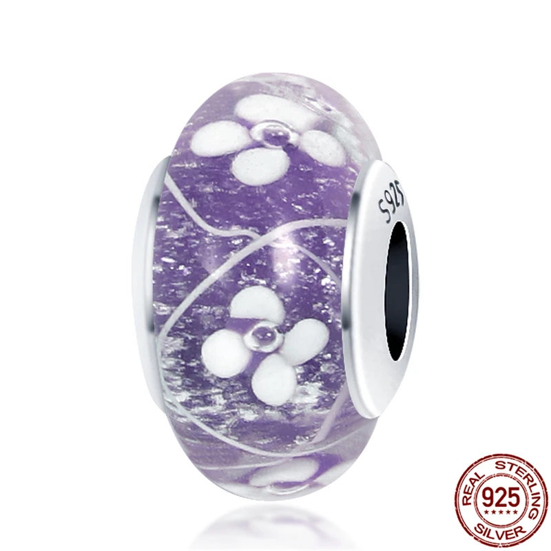 

2021 NEW 925 Sterling Silver Flowers Murano Glass Beads Charms Fit Original Pandora Bracelets Bangle Making Women Jewelry Gift