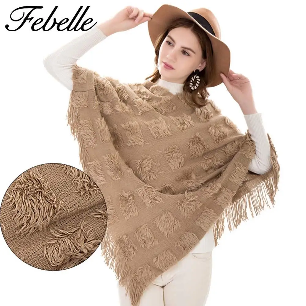 Febelle Женское зимнее теплое вязаное пальто с рукавом летучая мышь женская накидка