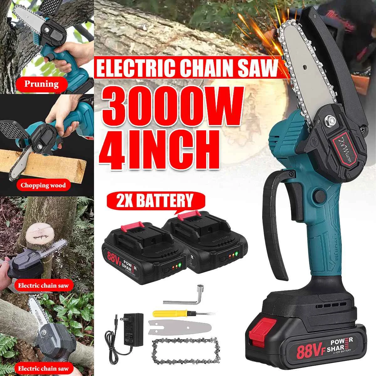 

88V 3000W 4 Inch Mini Electric Chain Saw With 1/2 Battery Rechargeable Woodworking Pruning One-handed Garden Logging Power Tools
