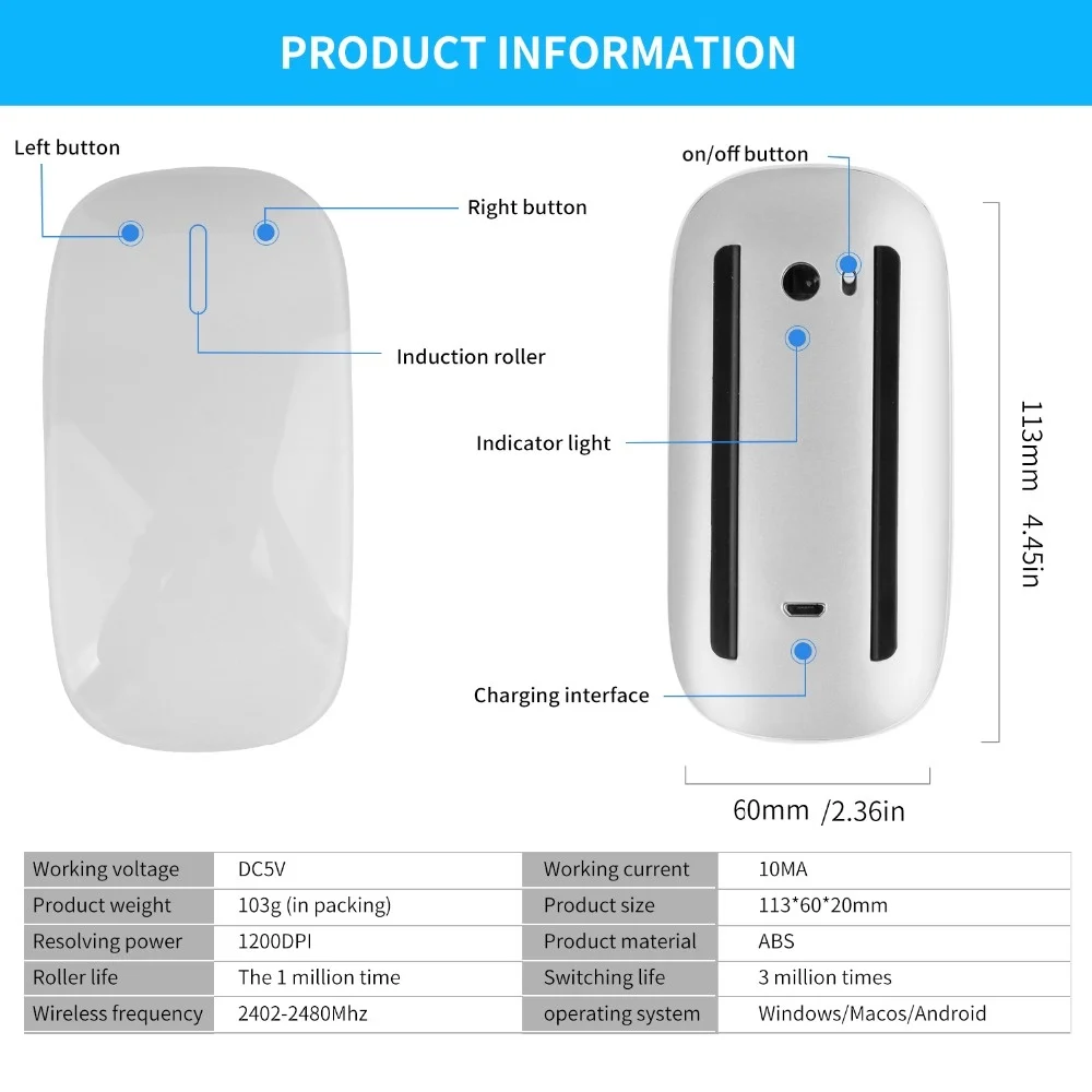 

Bluetooth Wireless Magic Mouse Silent Rechargeable Laser Computer Mouse Slim Ergonomic PC Mice For Apple Macbook