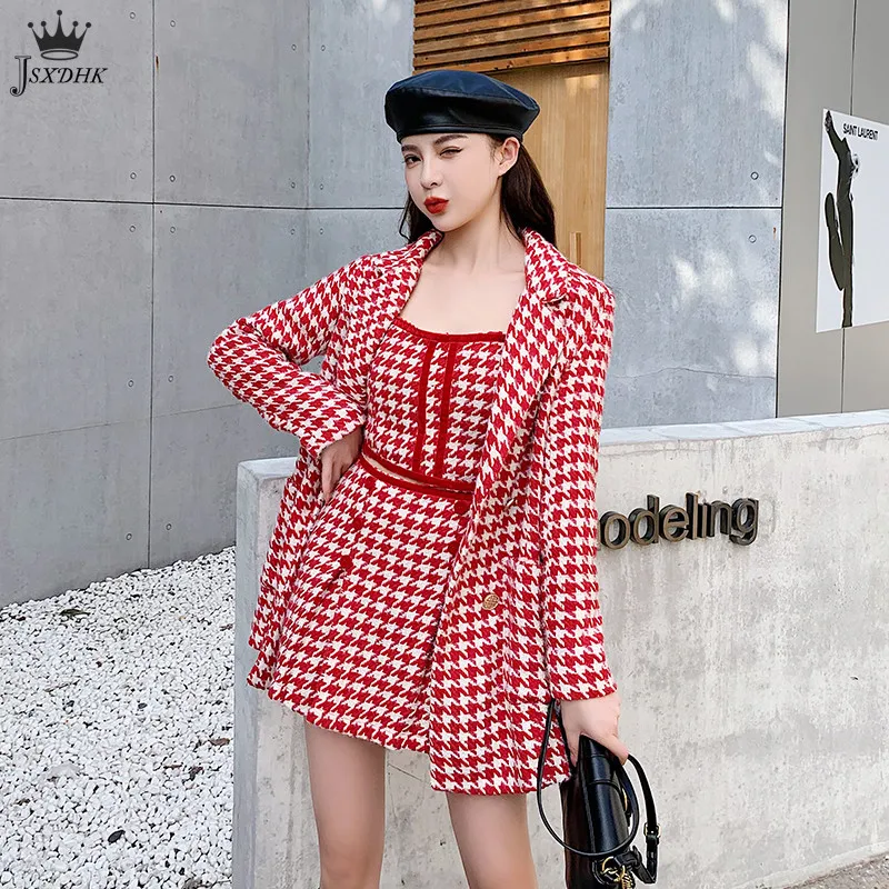 

Женский твидовый костюм-тройка, Красный Клетчатый длинный пиджак + жилет + трапециевидная мини-юбка, костюм из твида с рисунком «гусиные лап...