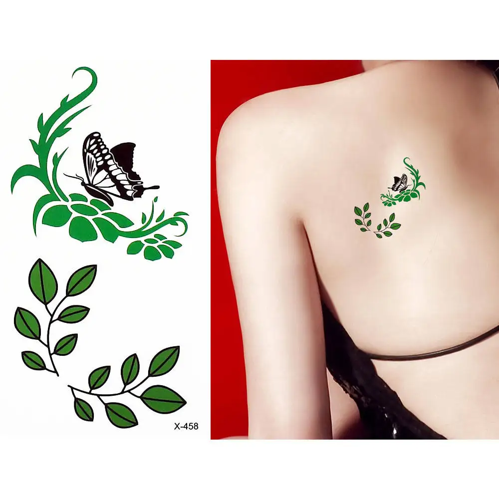 Водостойкая наклейка для тату с зелеными листами и бабочками временные