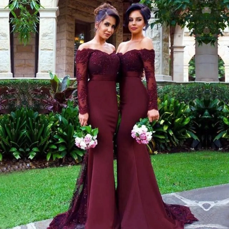 

Vestidos De Dama De Honor Long Sleeves Beaded Lace Applique Bridesmaid Dresses Sexy Back Wedding Guest Dress