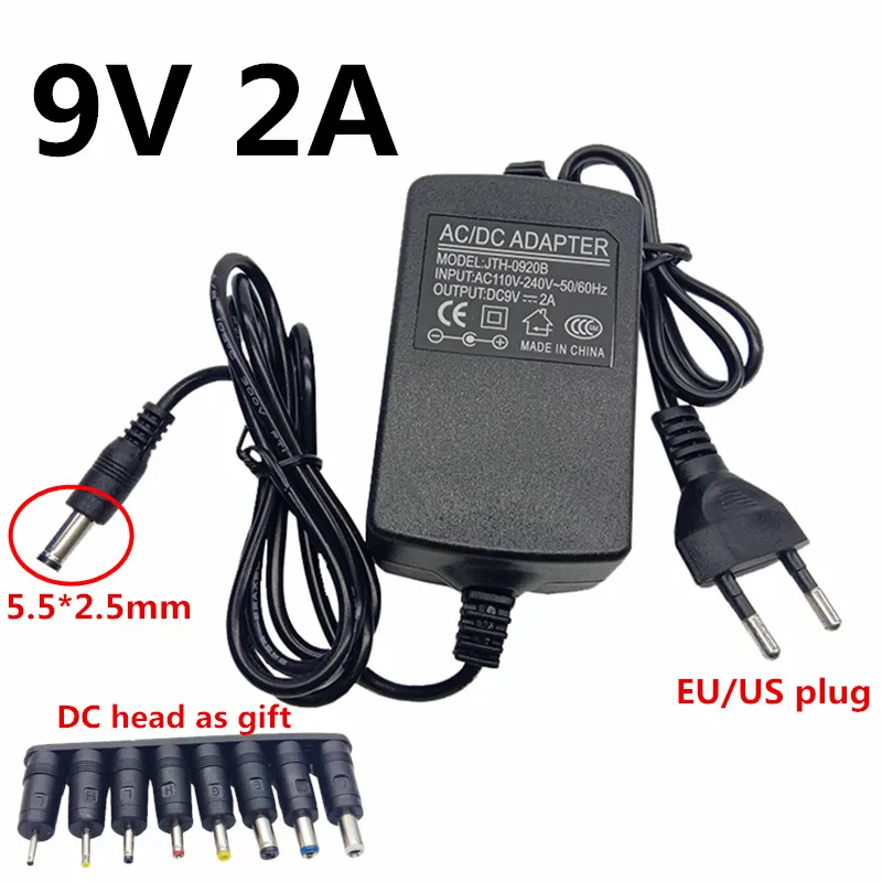 США ЕС Plug 9V2A адаптер переменного тока адаптер питания 9 вольт AC DC источник питания с 8 шт. DC Вилки 5,5x2,1 мм Мужской Разъем трансформатор
