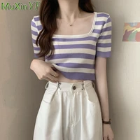 womens summer short tops girls leisure fashion stripe square collar t shirt ladies korean sweet purple knitted clothes 2021