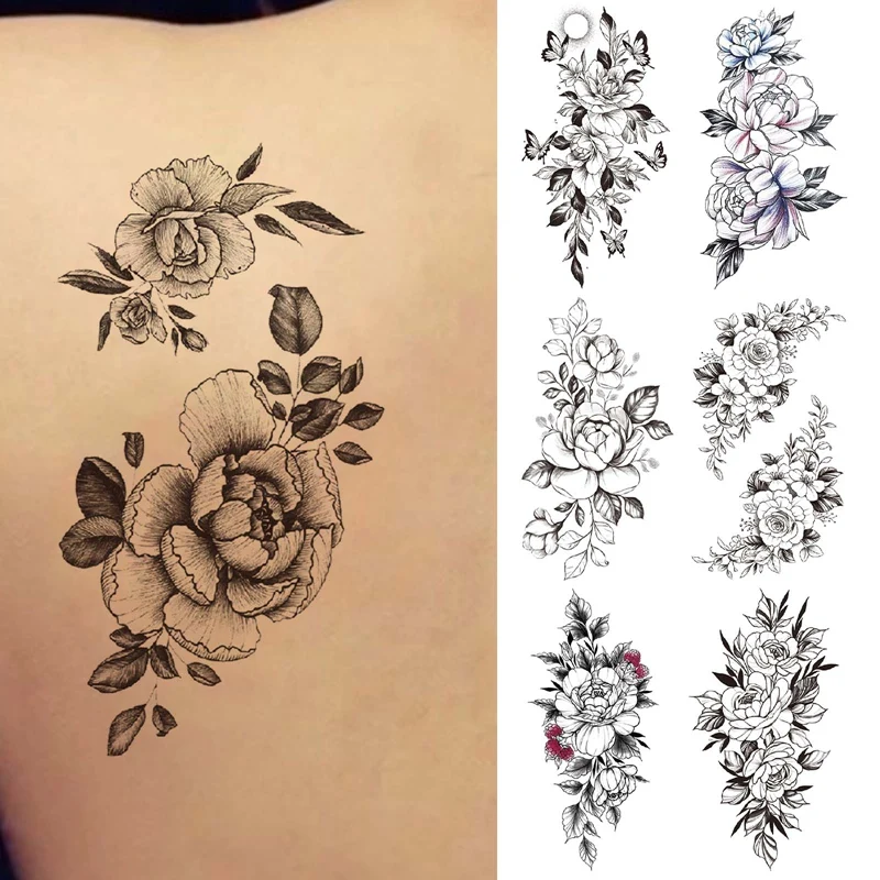 

Temporary Tattoo Sticker Butterfly Flower Roses Peony Sketches Tattoo Designs Sexy Girls Model Tattoos Arm Leg Black Stickers