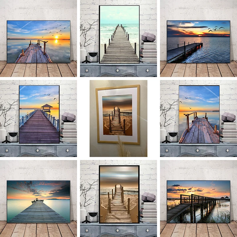 

Beach landscape poster canvas print art wall painting living room sticker wooden bridge ocean sunset painting landscape painting