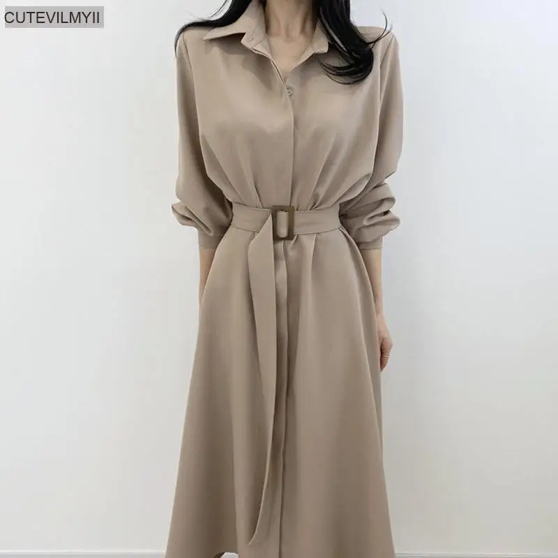 Женское офисное платье-рубашка шикарное корейское длинное платье с V-образным