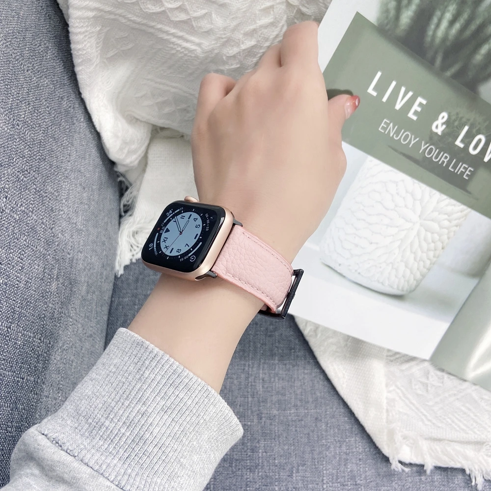 

Compatible with Apple Watch Band Strap 38mm 40mm 42mm 44mm, Genuine Top Layer Leather Litchi Rind Replacement Strap All Series