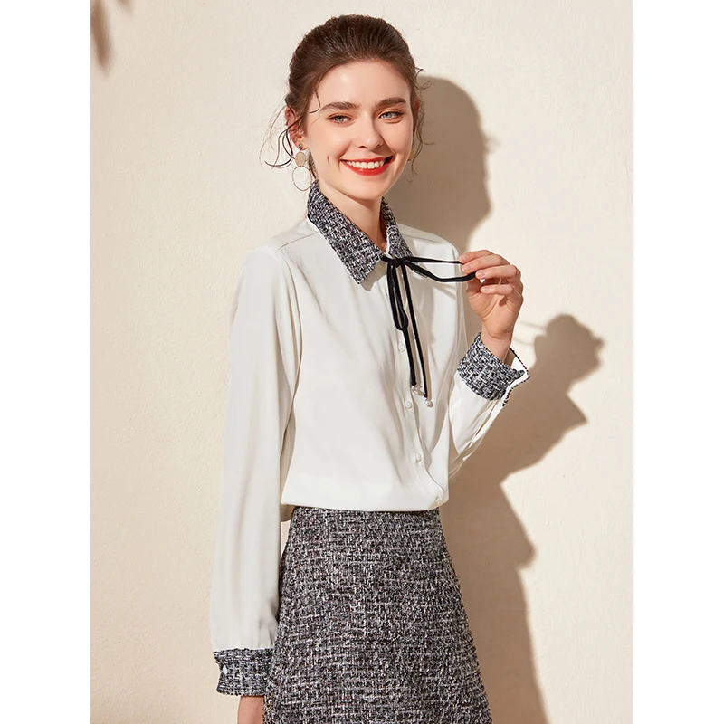 Meizan бантом кружевная рубашка Для женщин из ткани твидовый светская